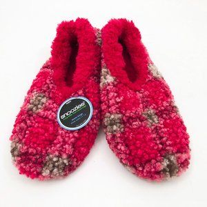 NWT Snoozies Men's Slippers Boucle Plaid Red & Brown Men's Large 11/12